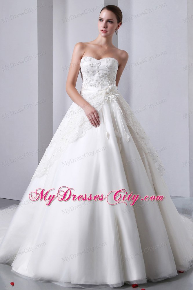 A-line Cathedral Train Strapless Wedding Dress Taffeta with Lace