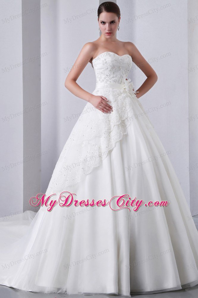 A-line Cathedral Train Strapless Wedding Dress Taffeta with Lace