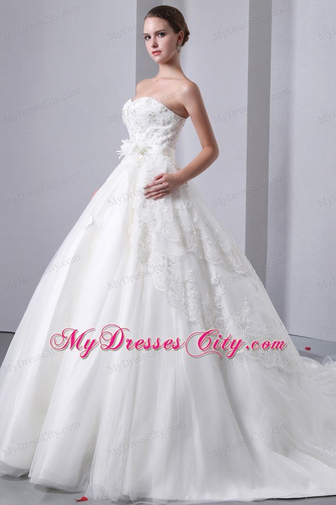 A-line Cathedral Train Strapless Wedding Dress Taffeta with Lace