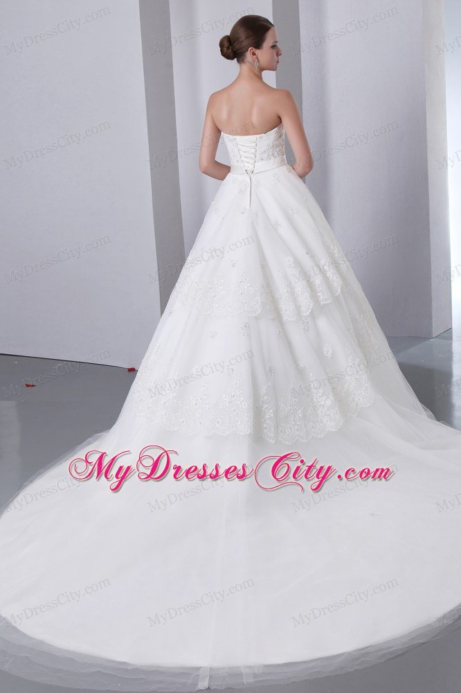 A-line Cathedral Train Strapless Wedding Dress Taffeta with Lace