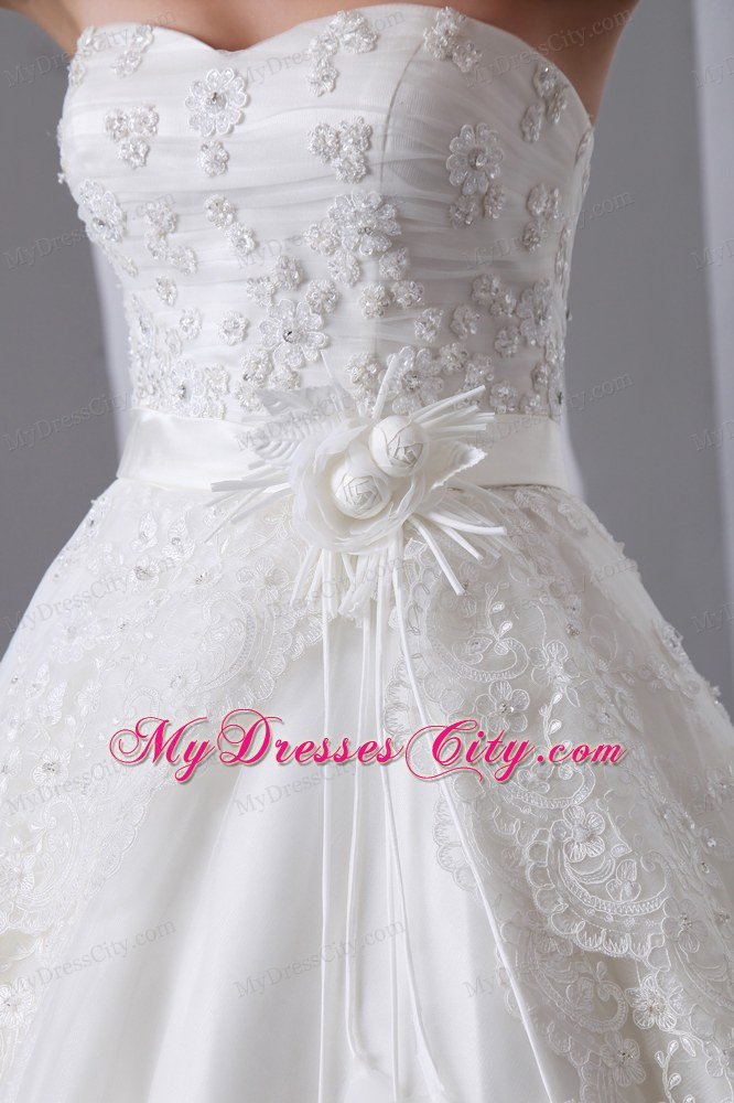 A-line Cathedral Train Strapless Wedding Dress Taffeta with Lace