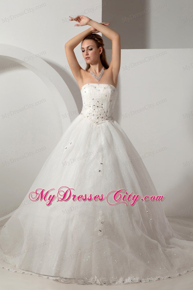 A-line Strapless Chapel Train Bridal Dress Organza with Beading