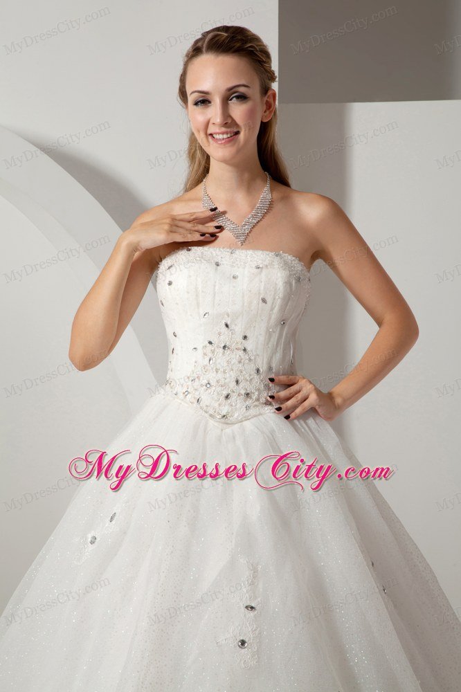 A-line Strapless Chapel Train Bridal Dress Organza with Beading