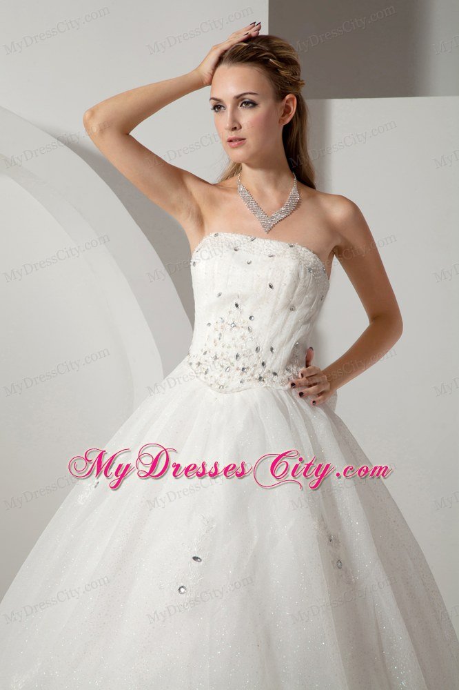 A-line Strapless Chapel Train Bridal Dress Organza with Beading