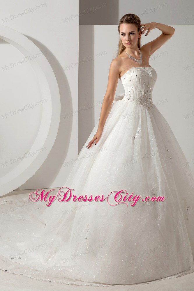 A-line Strapless Chapel Train Bridal Dress Organza with Beading