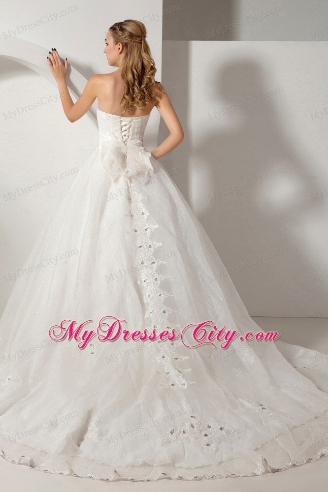 A-line Strapless Chapel Train Bridal Dress Organza with Beading