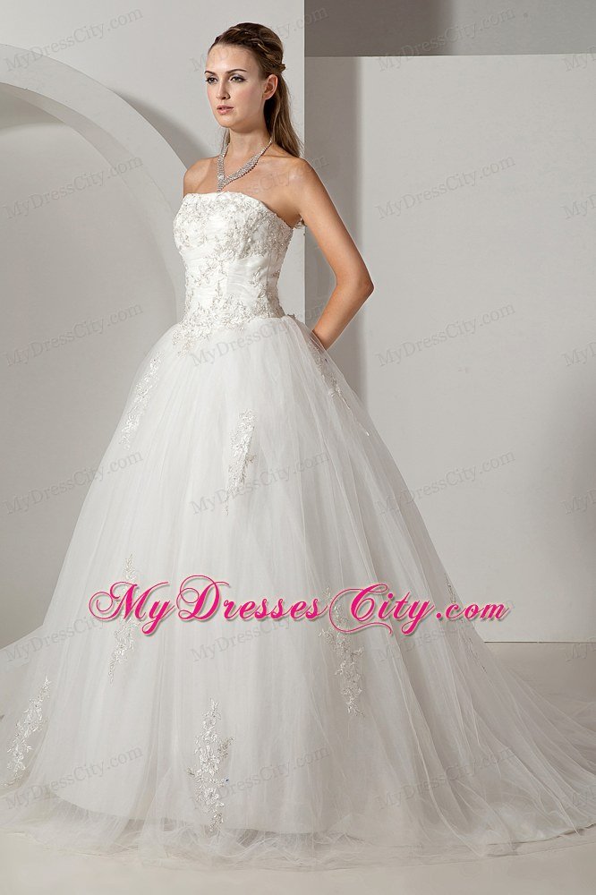 A-line Wedding Gown Strapless Chapel Train Tulle with Appliques