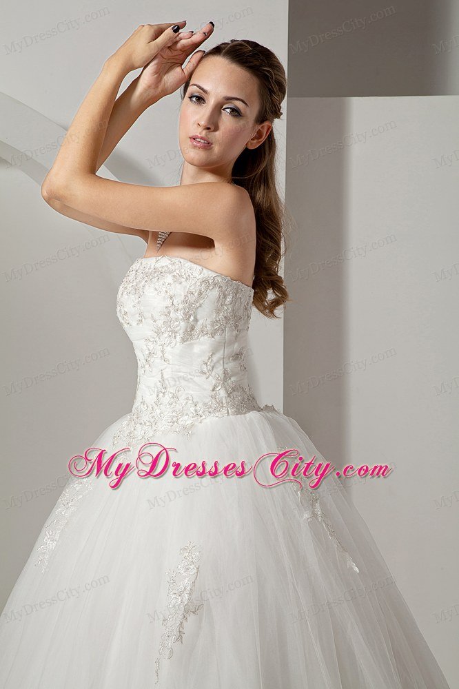 A-line Wedding Gown Strapless Chapel Train Tulle with Appliques