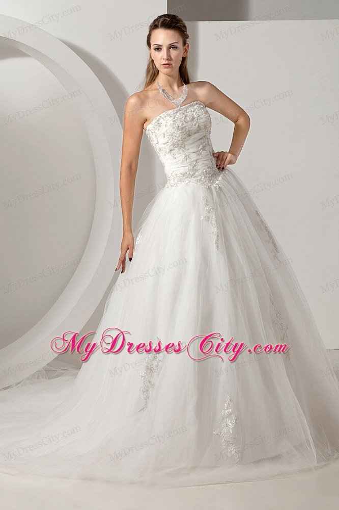 A-line Wedding Gown Strapless Chapel Train Tulle with Appliques