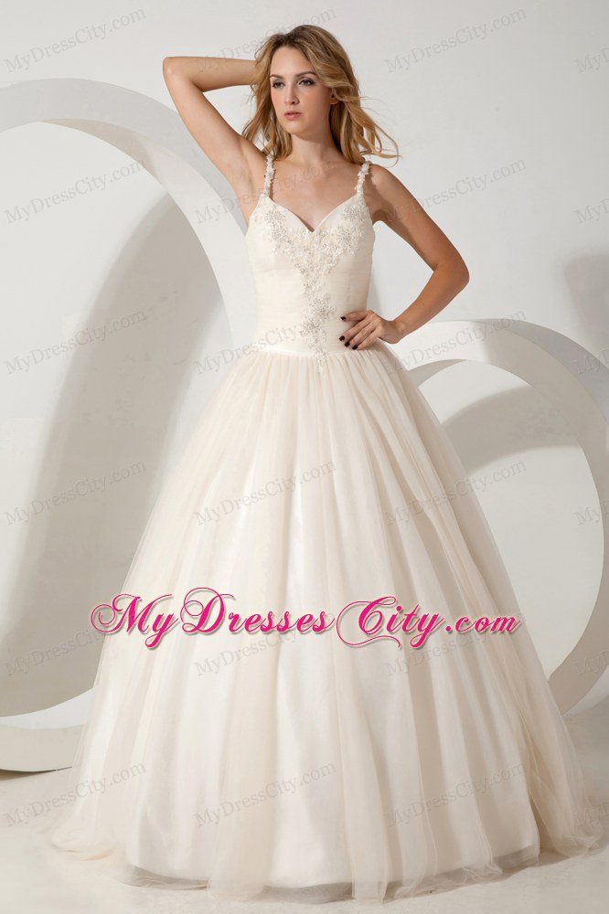 Champagne Straps Appliques Zipper-up Bridal Dress with Sweep Train