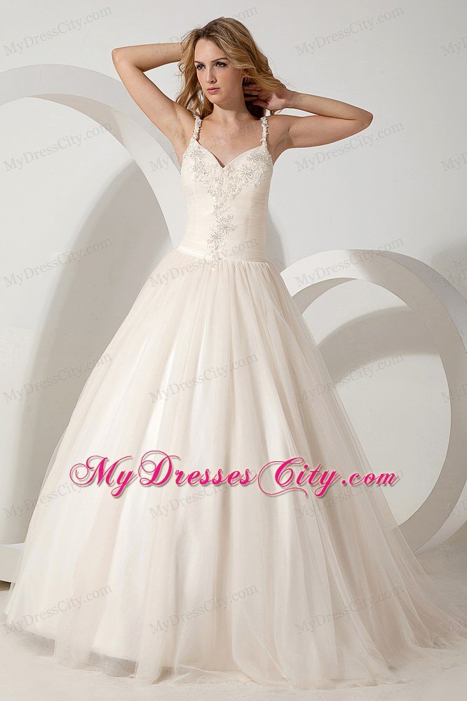 Champagne Straps Appliques Zipper-up Bridal Dress with Sweep Train