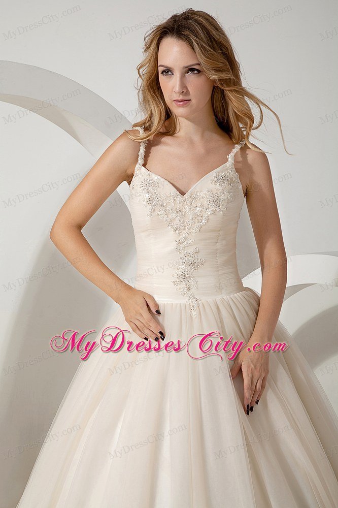 Champagne Straps Appliques Zipper-up Bridal Dress with Sweep Train