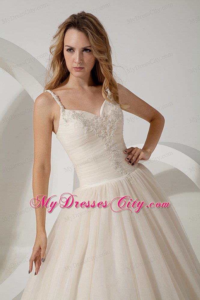 Champagne Straps Appliques Zipper-up Bridal Dress with Sweep Train