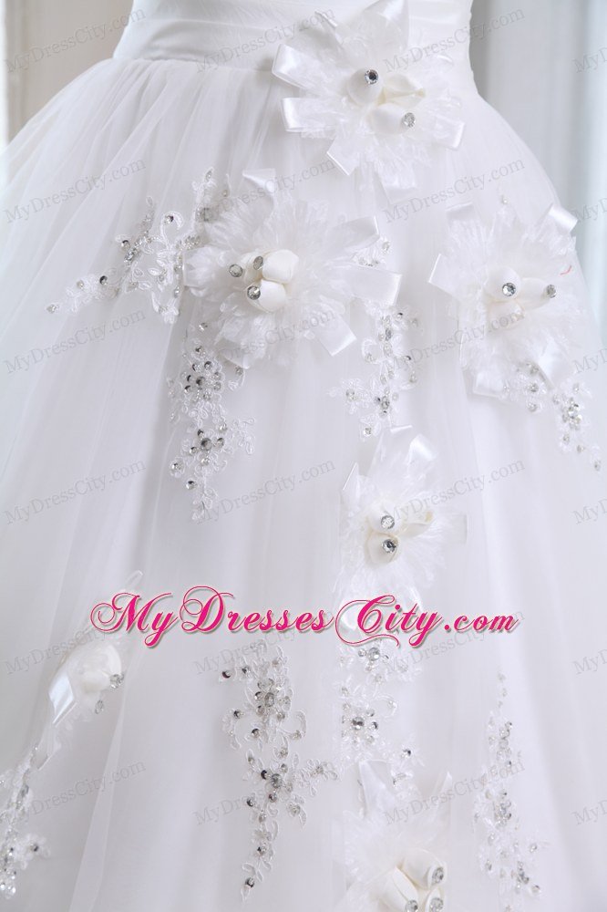 Pleated Beading Hand Made Flowers Wedding Gown with Sash