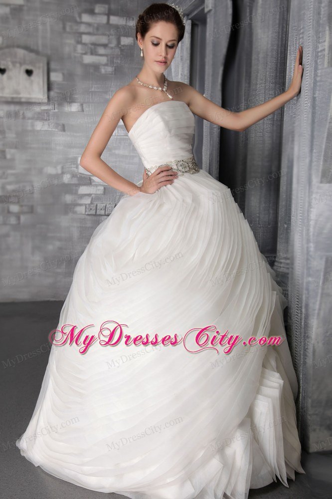 Long Puffy Layers Ruching Bridal Dress with Rhinestone Sash