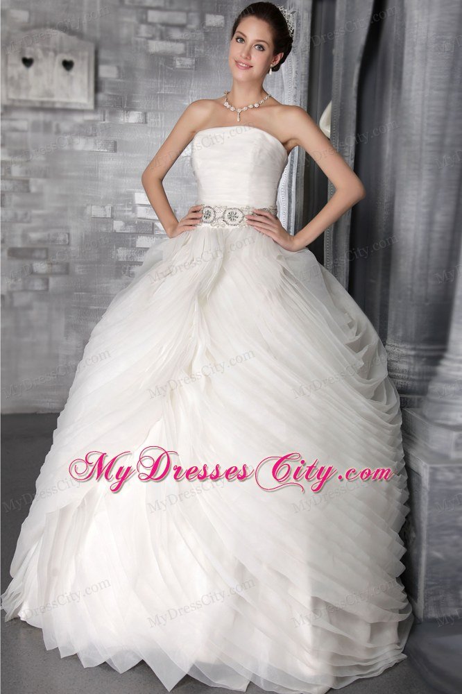 Long Puffy Layers Ruching Bridal Dress with Rhinestone Sash