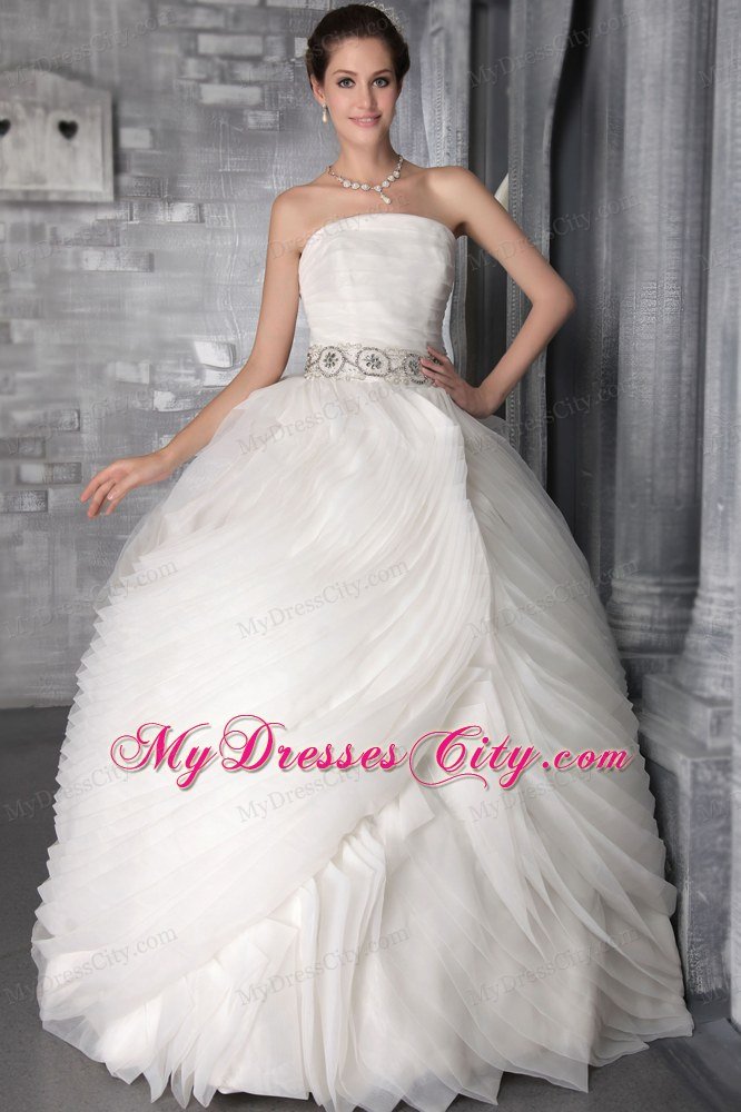 Long Puffy Layers Ruching Bridal Dress with Rhinestone Sash