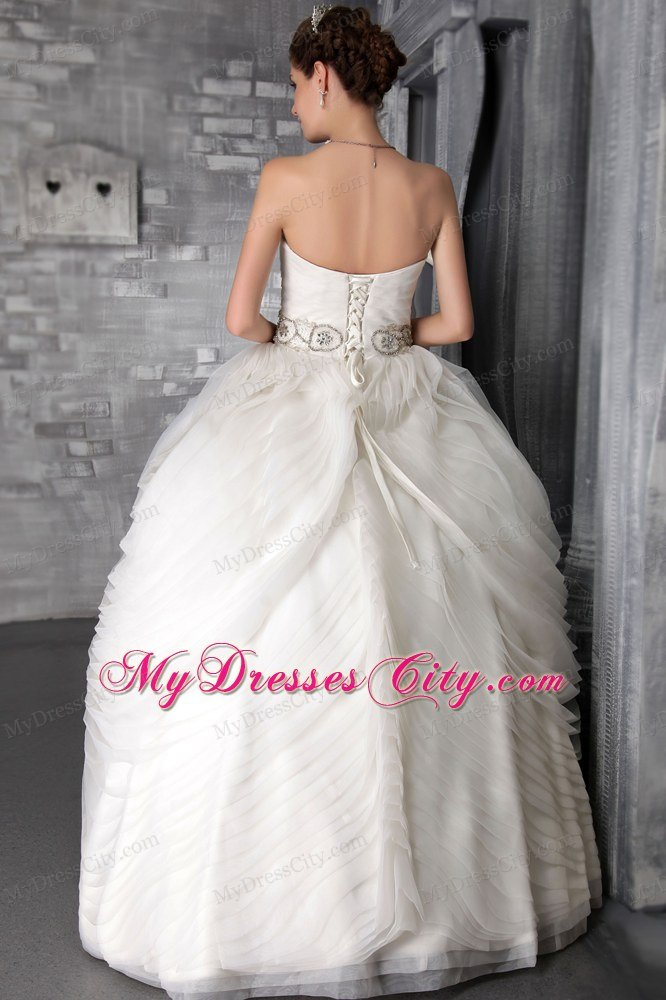 Long Puffy Layers Ruching Bridal Dress with Rhinestone Sash