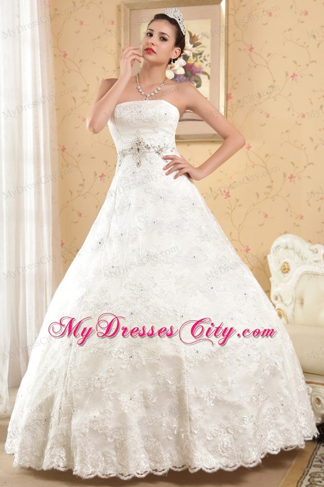 Lace Flower Rhinestone and Pearl Decorated Wedding Dresses