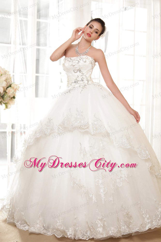 Tiers Ball Gown White Wedding Dress with Appliques and Rhinestone