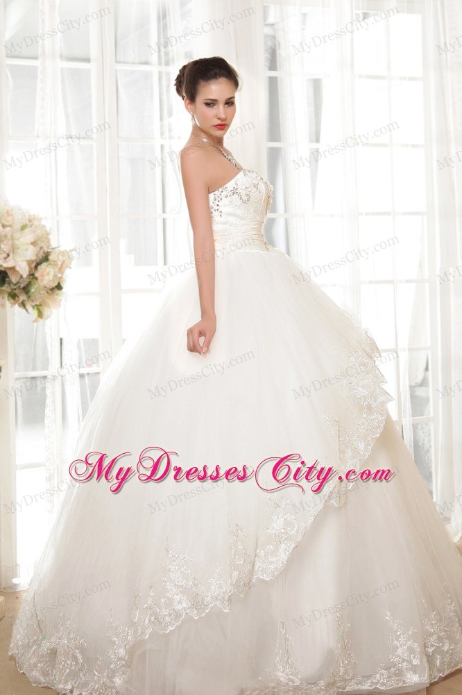 Tiers Ball Gown White Wedding Dress with Appliques and Rhinestone