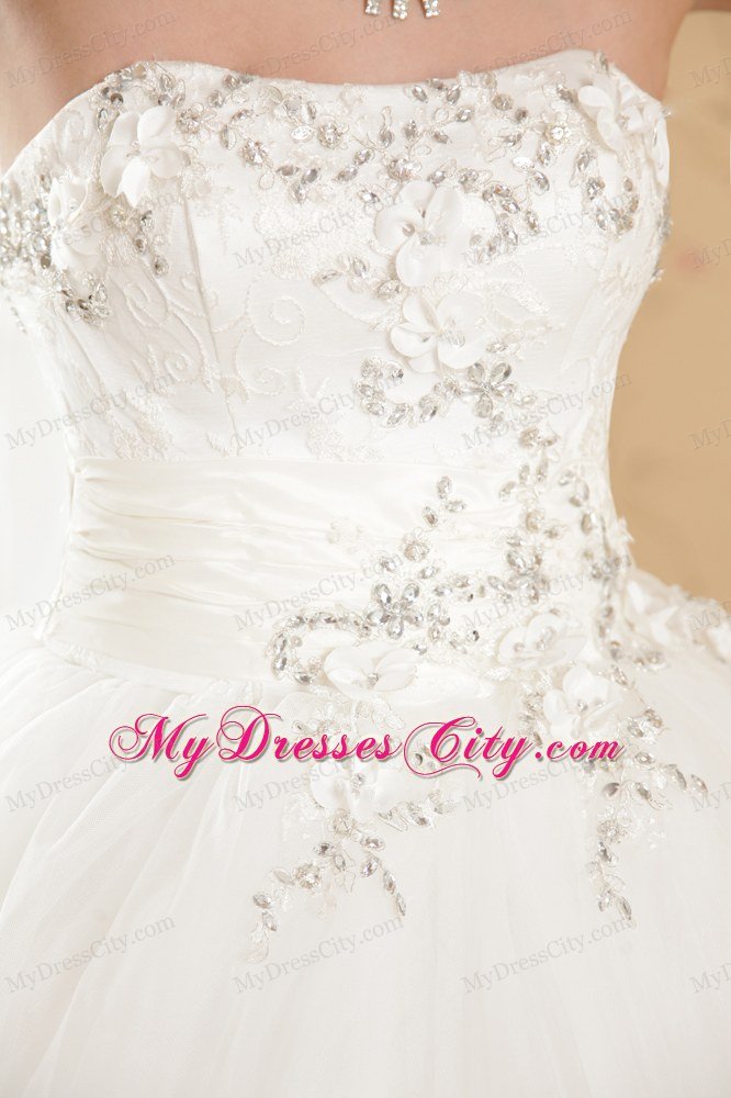 Tiers Ball Gown White Wedding Dress with Appliques and Rhinestone