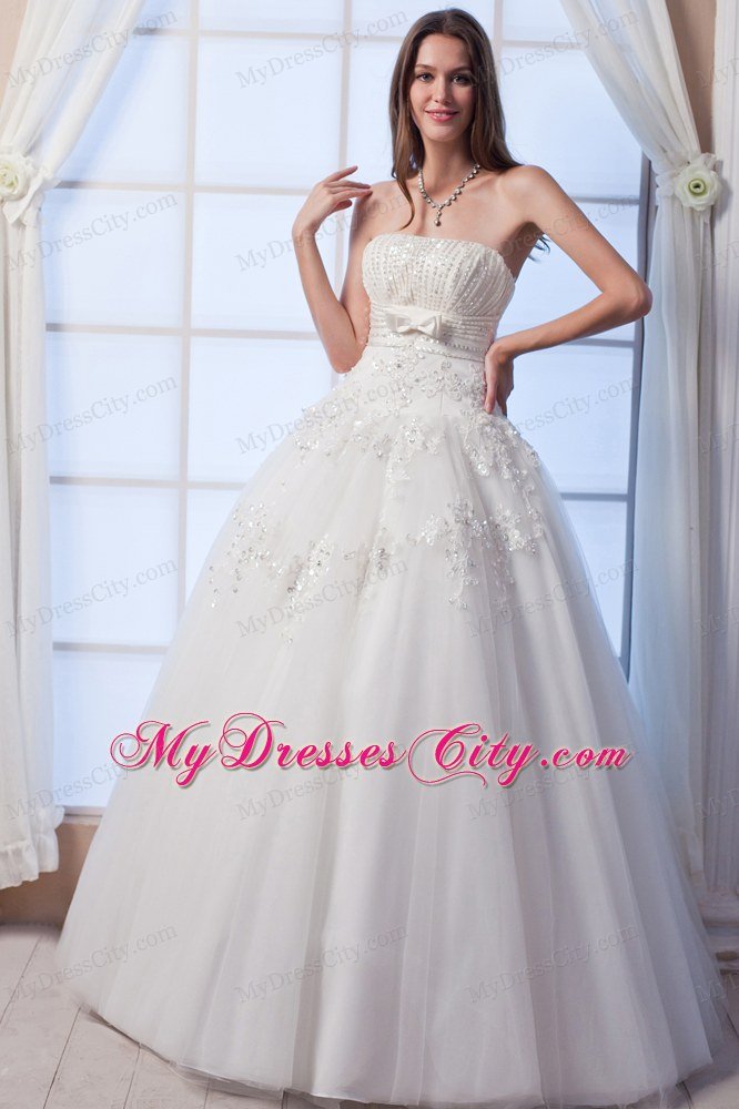 A-line Pearl Ruching Appliques Wedding Dresses with Sash in White