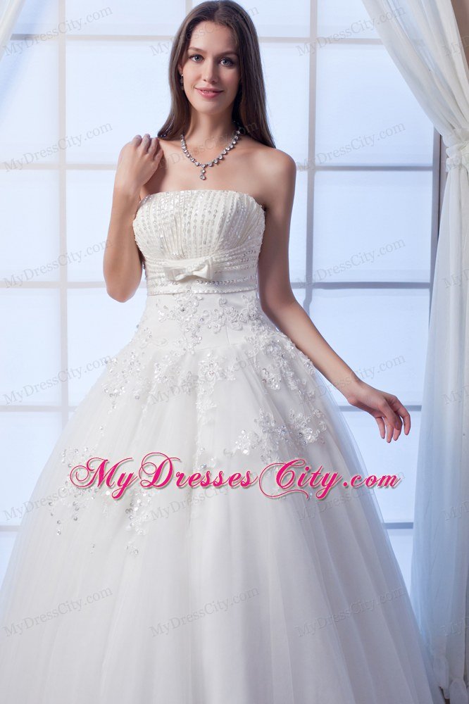 A-line Pearl Ruching Appliques Wedding Dresses with Sash in White