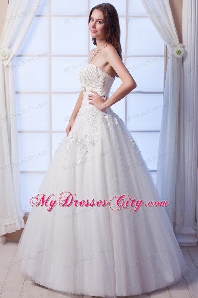 A-line Pearl Ruching Appliques Wedding Dresses with Sash in White