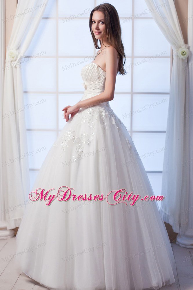 A-line Pearl Ruching Appliques Wedding Dresses with Sash in White