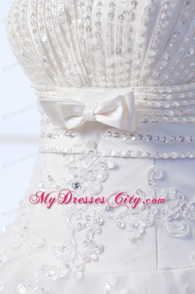 A-line Pearl Ruching Appliques Wedding Dresses with Sash in White