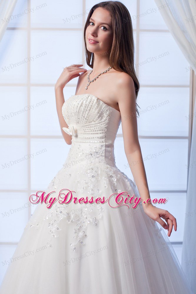 A-line Pearl Ruching Appliques Wedding Dresses with Sash in White