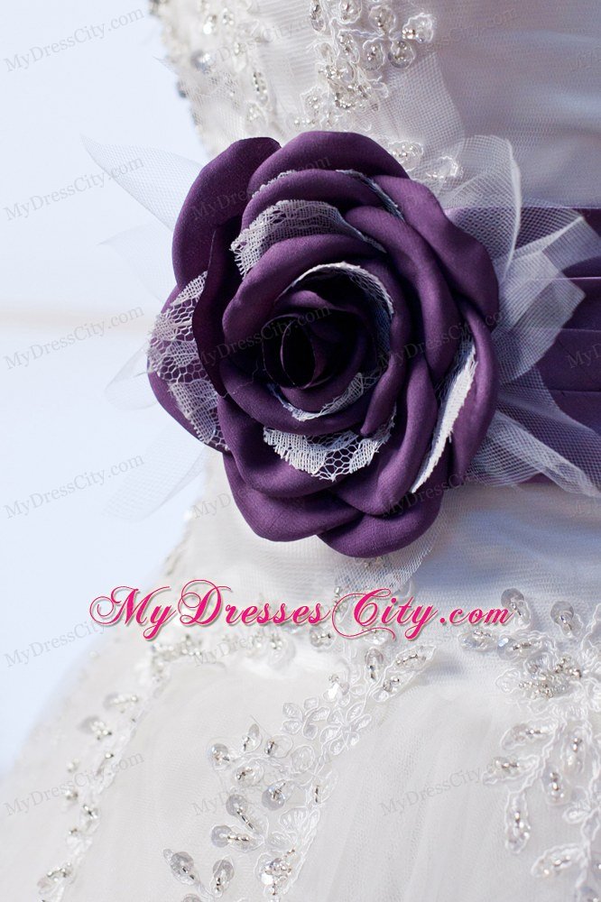 Beading Wedding Dress with Purple Flower Decorate Waist