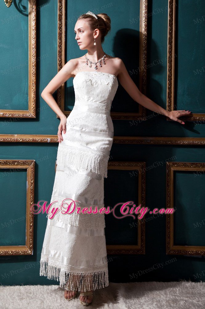 Strapless Tea-Length Tassel Lace Bridal Gown for Garden Wedding