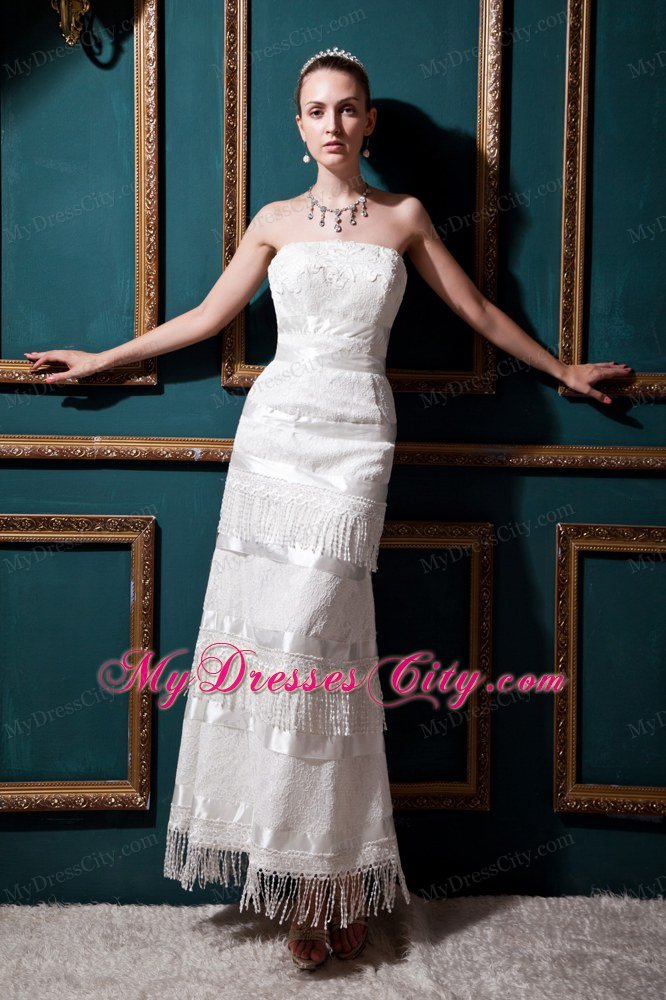 Strapless Tea-Length Tassel Lace Bridal Gown for Garden Wedding