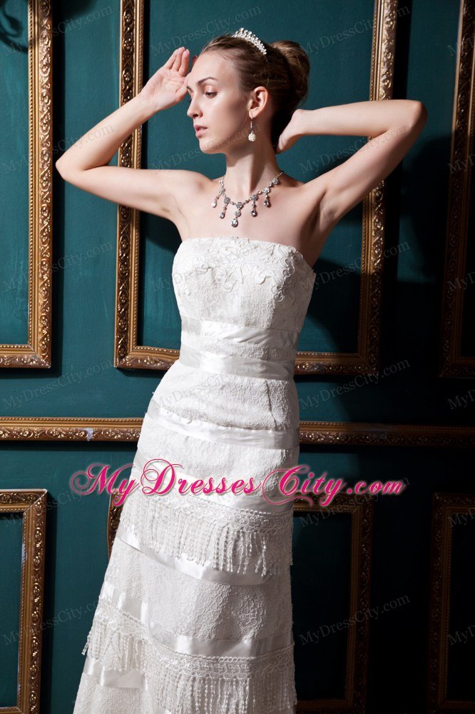 Strapless Tea-Length Tassel Lace Bridal Gown for Garden Wedding