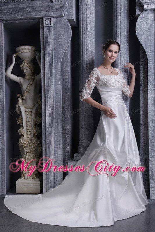 A-line Square Taffeta Lace Bridal Gown Brush Train With Half Sleeves