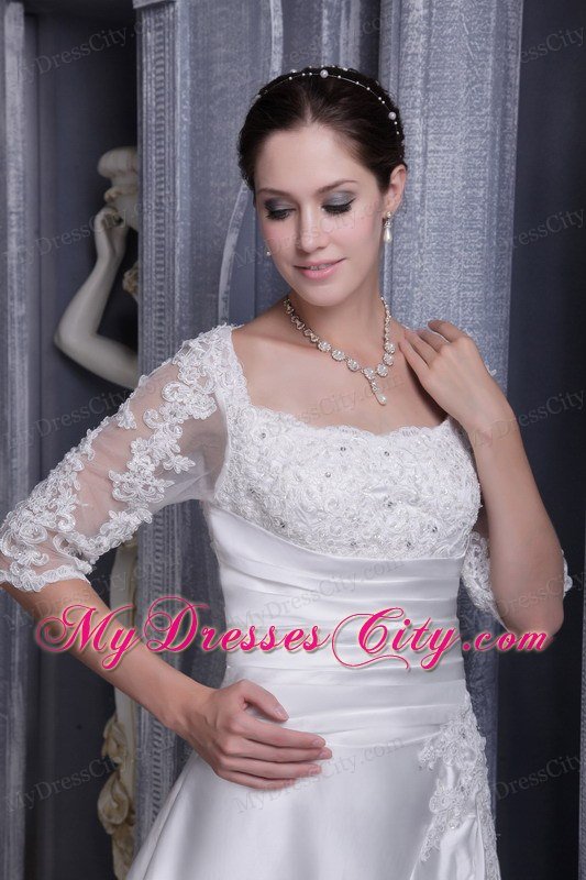 A-line Square Taffeta Lace Bridal Gown Brush Train With Half Sleeves