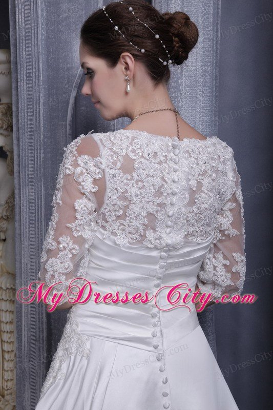 A-line Square Taffeta Lace Bridal Gown Brush Train With Half Sleeves