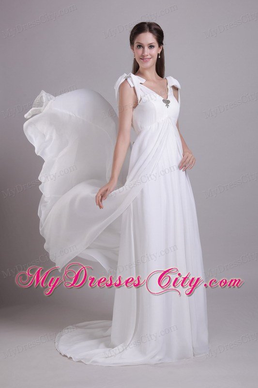 V-neck Brush Train Metrical Bowknot Decorate shoulder Bridal Dress