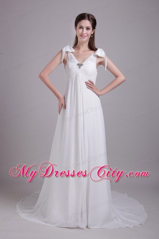 V-neck Brush Train Metrical Bowknot Decorate shoulder Bridal Dress