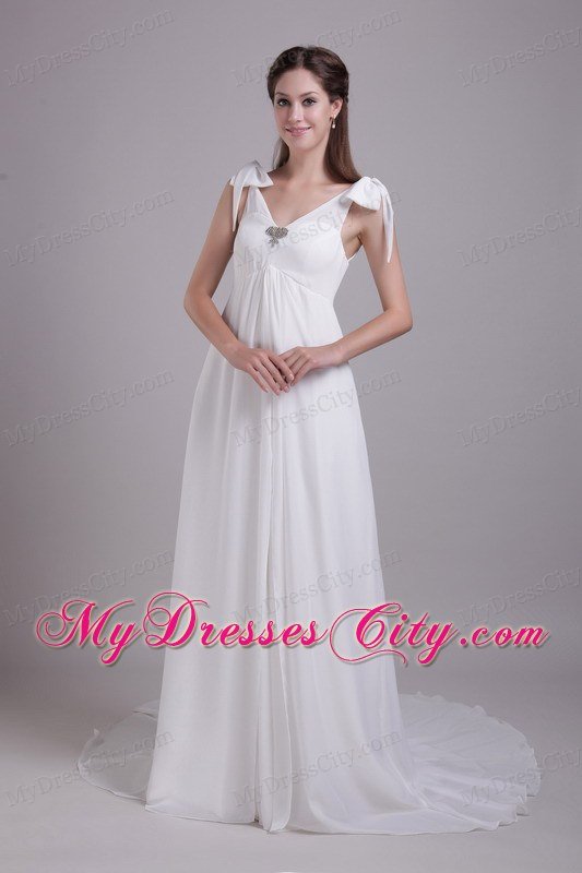 V-neck Brush Train Metrical Bowknot Decorate shoulder Bridal Dress