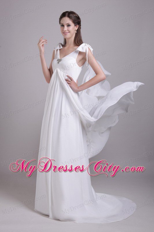 V-neck Brush Train Metrical Bowknot Decorate shoulder Bridal Dress