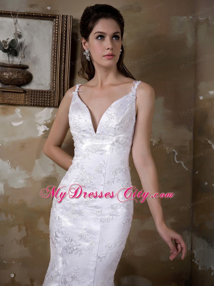 Mermaid Straps Satin and Lace Embroidery Bridal Dress