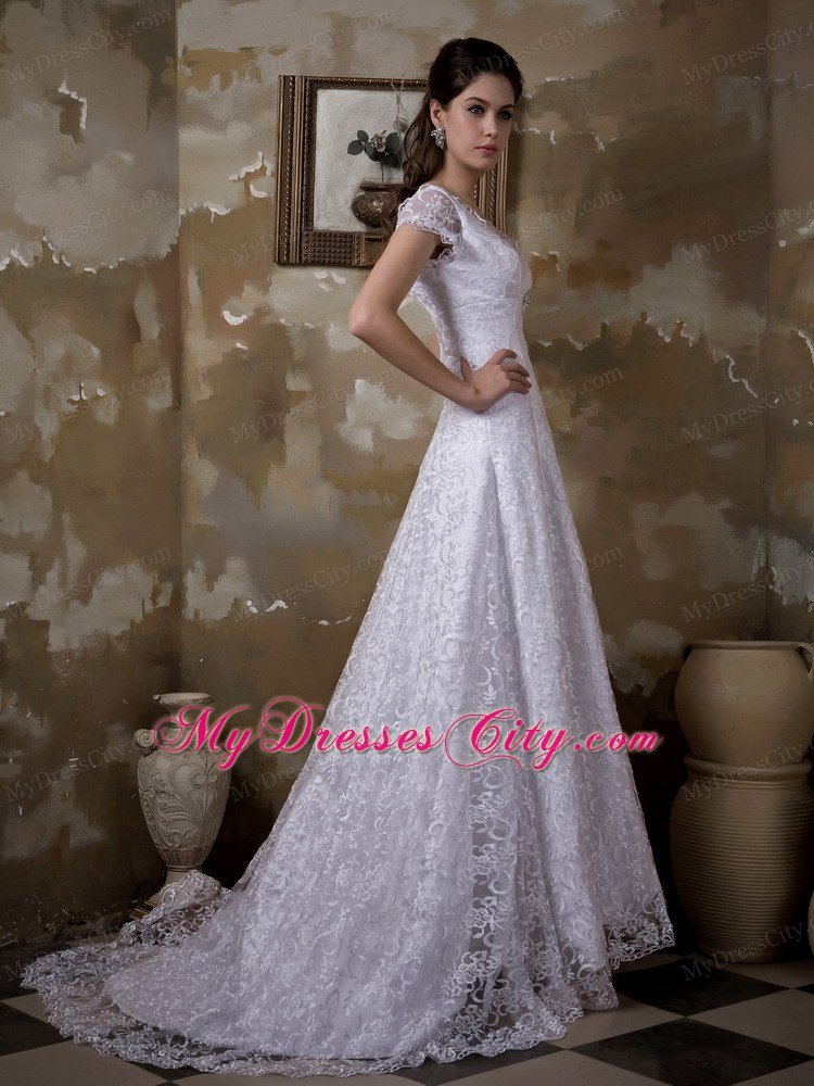 V-neck Embroidery Lace Bridal Dress with Short Sleeves