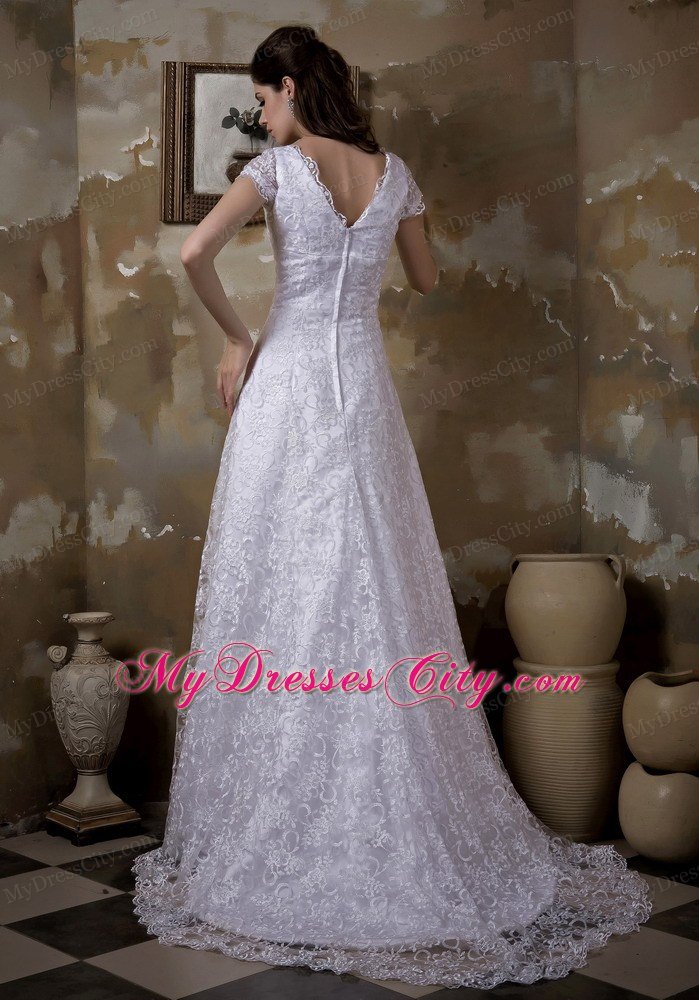 V-neck Embroidery Lace Bridal Dress with Short Sleeves