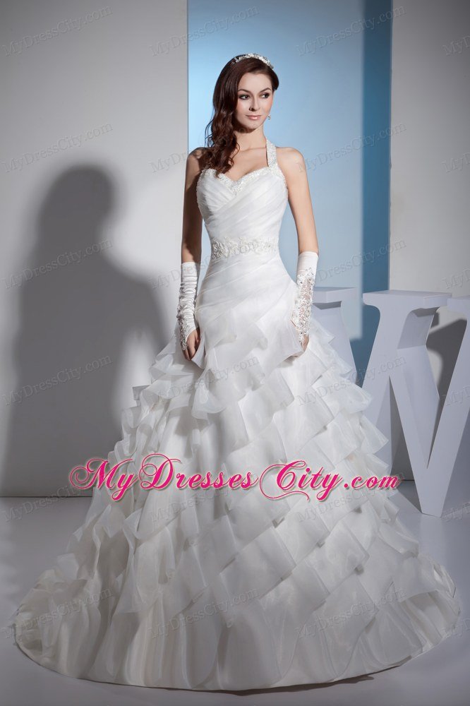 Halter Diagonal Layered Ruffles Court Train Wedding Dress