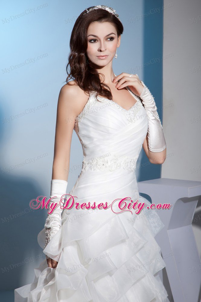 Halter Diagonal Layered Ruffles Court Train Wedding Dress