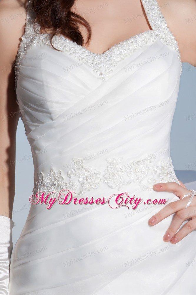 Halter Diagonal Layered Ruffles Court Train Wedding Dress