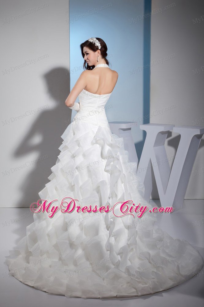 Halter Diagonal Layered Ruffles Court Train Wedding Dress